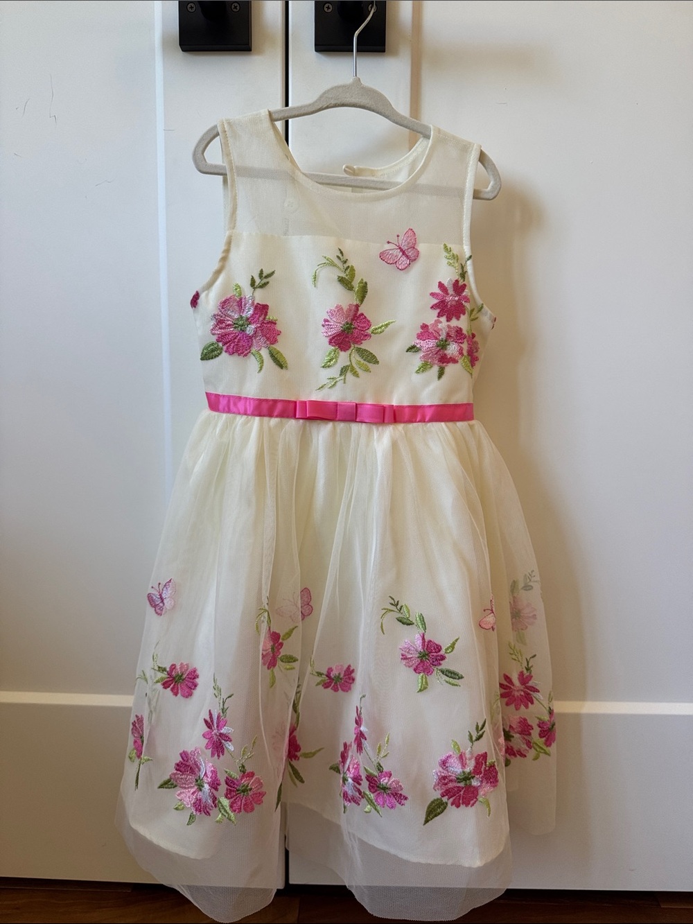 Jona Michelle Ivory Tulle Dress with Pink Floral Embroidery